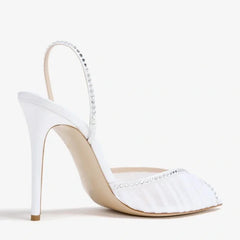 Arden Furtado White Mesh Pleated Crystal Wedding shoes Pointed to Stilettos heels Back Strap Peep toe Sandals