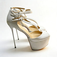 Arden Furtado White Patent Leather Wedding shoes peep toe Sandals Platform Super high heel Ankle strap Modern Sandals