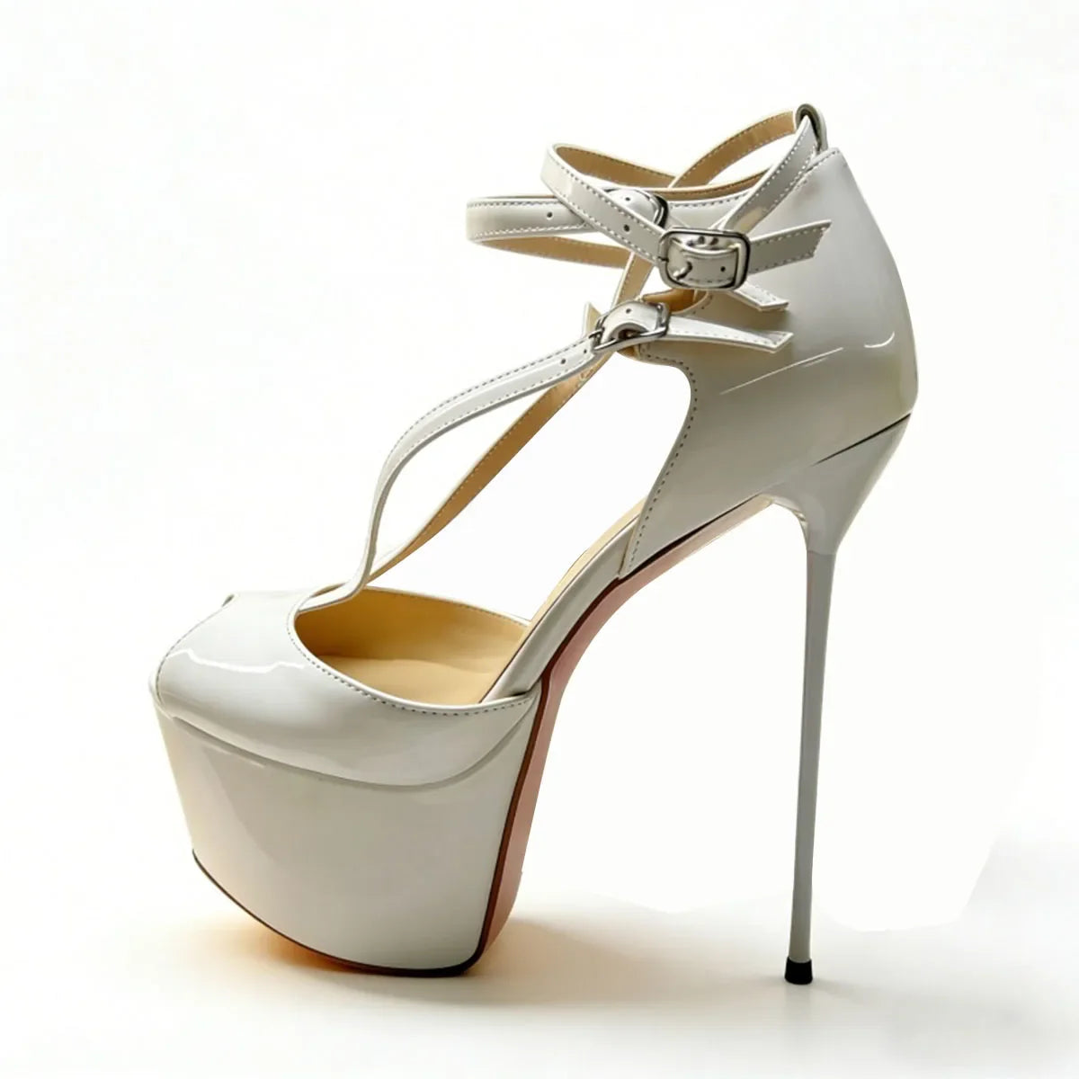 Arden Furtado White Patent Leather Wedding shoes peep toe Sandals Platform Super high heel Ankle strap Modern Sandals