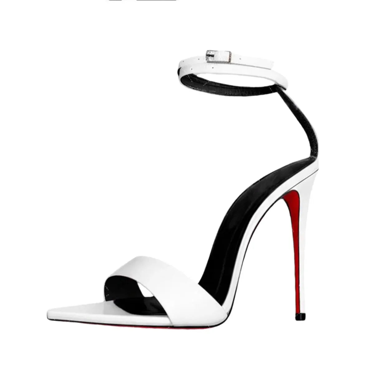 Arden Furtado White Wedding Shoes Pointed Toe Belt Buckle Super High Heel Ankle Strap Sandals Large Size Modern Sandals