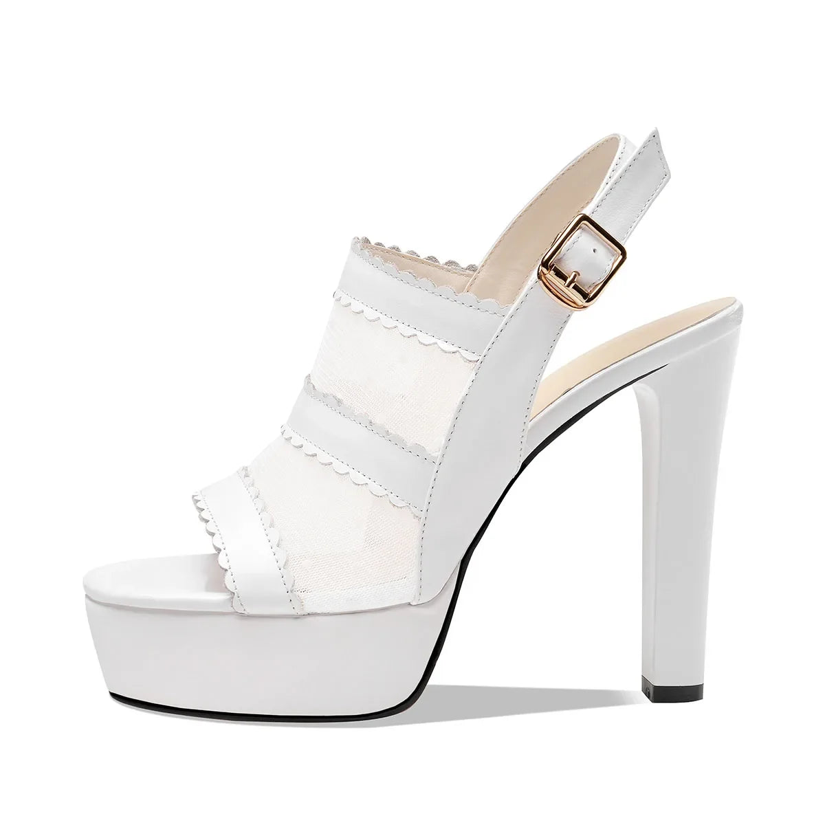 Arden Furtado White cowhide Waterproof platform Peep toe shoes Round toe Super high heel Mesh One word buckle sandals