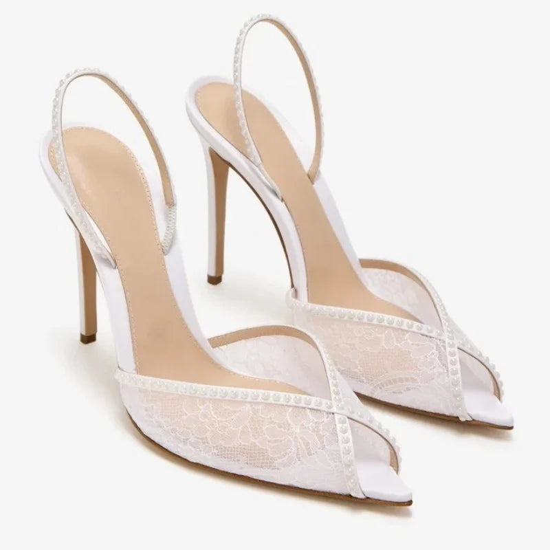 Arden Furtado White lace Crystal Banquet Shoes Pointed to Stilettos heels Back Strap Peep toe Sandals Extra large size