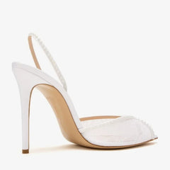 Arden Furtado White lace Crystal Banquet Shoes Pointed to Stilettos heels Back Strap Peep toe Sandals Extra large size