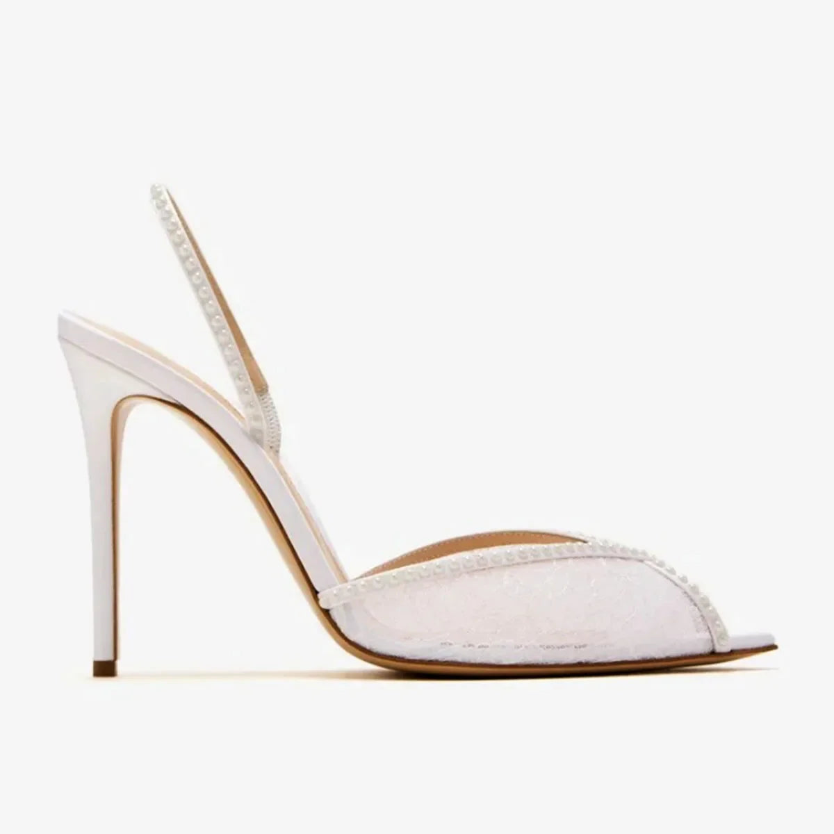 Arden Furtado White lace Crystal Banquet Shoes Pointed to Stilettos heels Back Strap Peep toe Sandals Extra large size