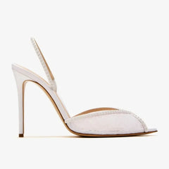 Arden Furtado White lace Crystal Banquet Shoes Pointed to Stilettos heels Back Strap Peep toe Sandals Extra large size