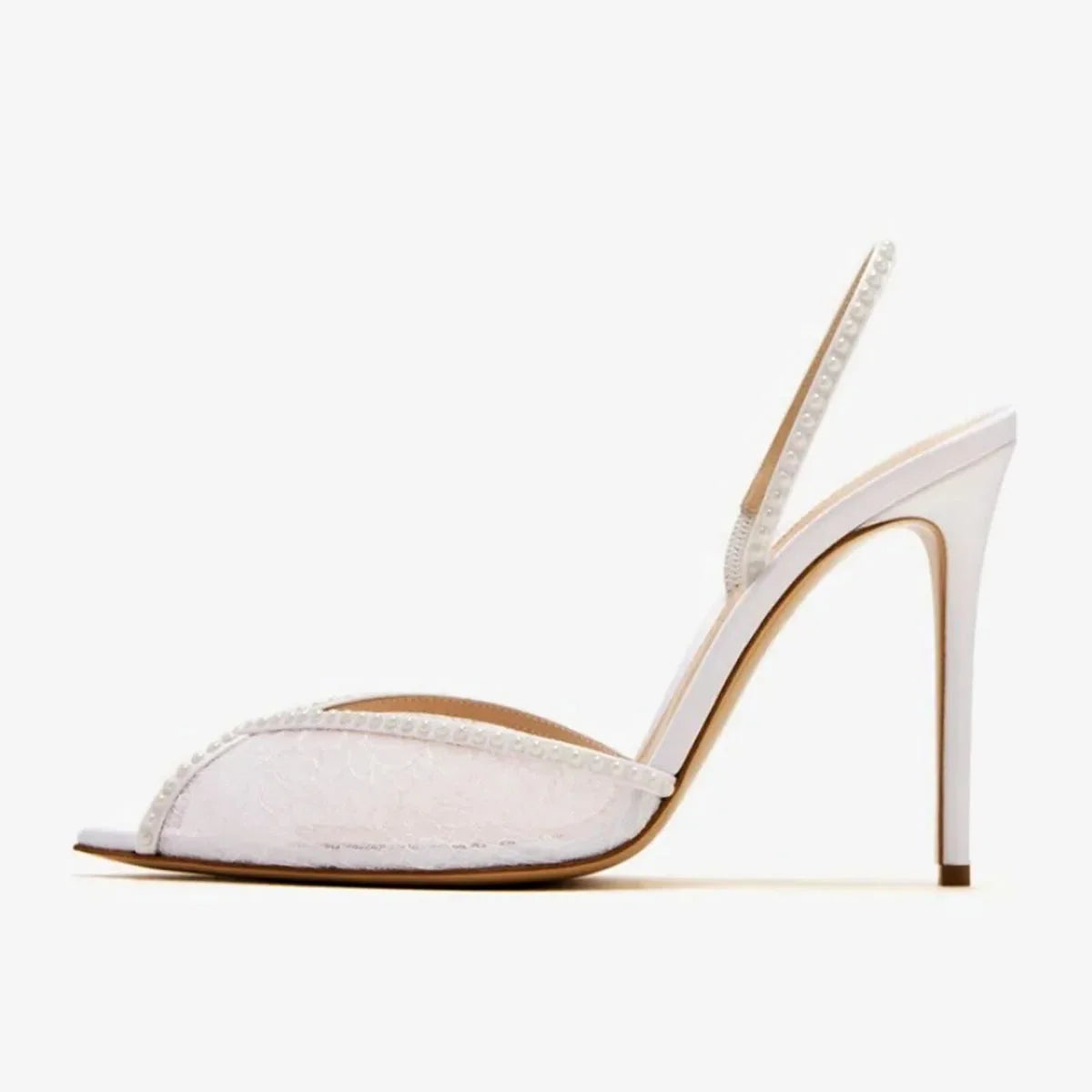 Arden Furtado White lace Crystal Banquet Shoes Pointed to Stilettos heels Back Strap Peep toe Sandals Extra large size