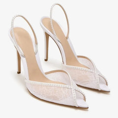 Arden Furtado White lace Crystal Banquet Shoes Pointed to Stilettos heels Back Strap Peep toe Sandals Extra large size