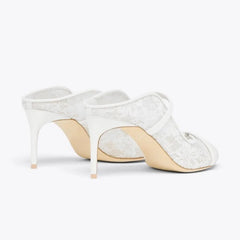 Arden Furtado White lace Peep toe Slippers Round toe pull-on Super high heel Sexy Word slippers Banquet shoes