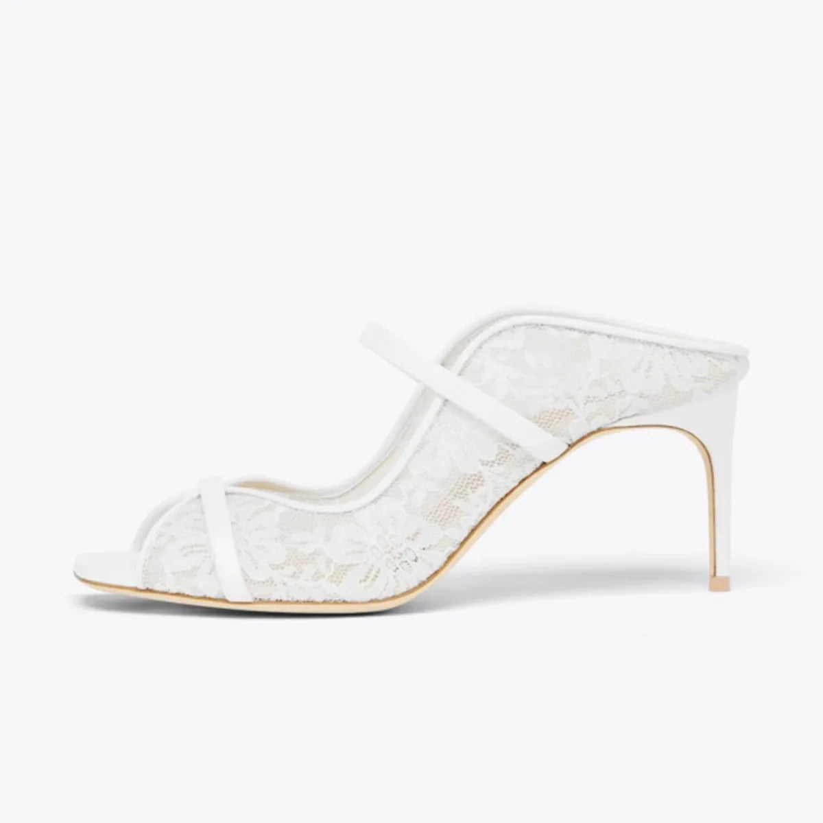 Arden Furtado White lace Peep toe Slippers Round toe pull-on Super high heel Sexy Word slippers Banquet shoes