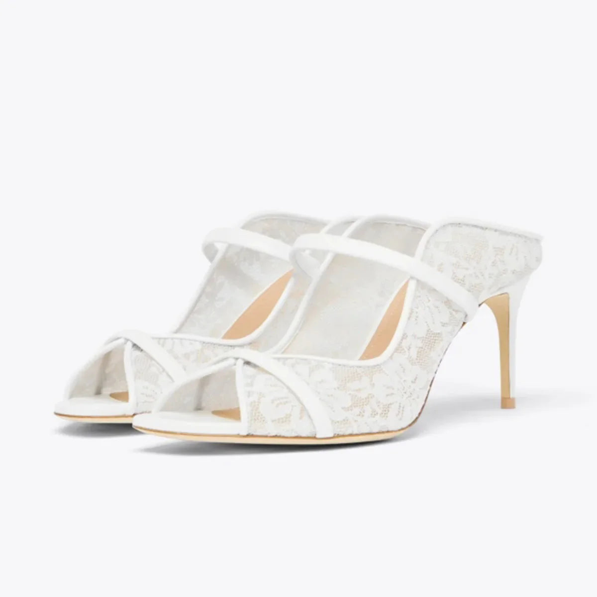 Arden Furtado White lace Peep toe Slippers Round toe pull-on Super high heel Sexy Word slippers Banquet shoes