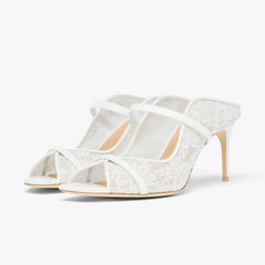 Arden Furtado White lace Peep toe Slippers Round toe pull-on Super high heel Sexy Word slippers Banquet shoes