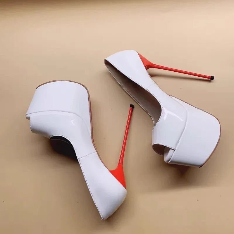 Arden Furtado White patent leather peep toe Pumps Round toe Platform Super high heel Single shoe large size Banquet shoes