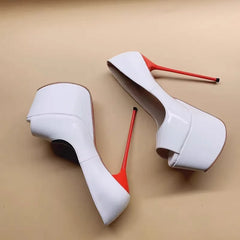 Arden Furtado White patent leather peep toe Pumps Round toe Platform Super high heel Single shoe large size Banquet shoes