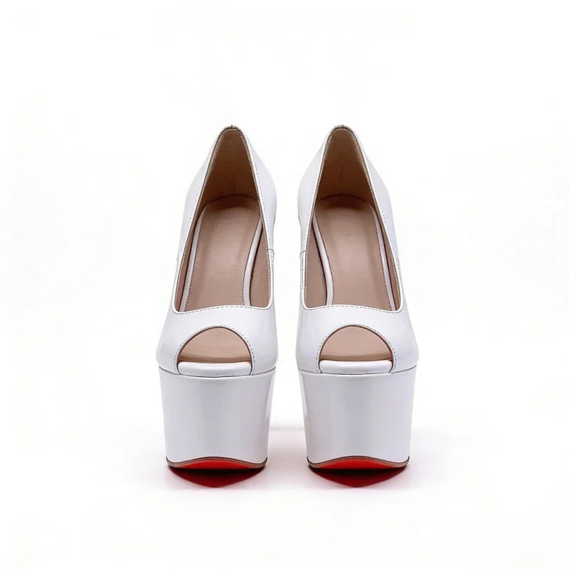 Arden Furtado White patent leather peep toe Pumps Round toe Platform Super high heel Single shoe large size Banquet shoes