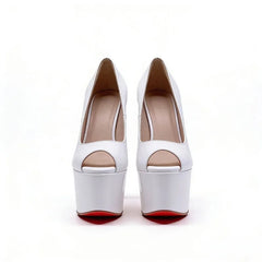 Arden Furtado White patent leather peep toe Pumps Round toe Platform Super high heel Single shoe large size Banquet shoes
