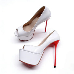 Arden Furtado White patent leather peep toe Pumps Round toe Platform Super high heel Single shoe large size Banquet shoes