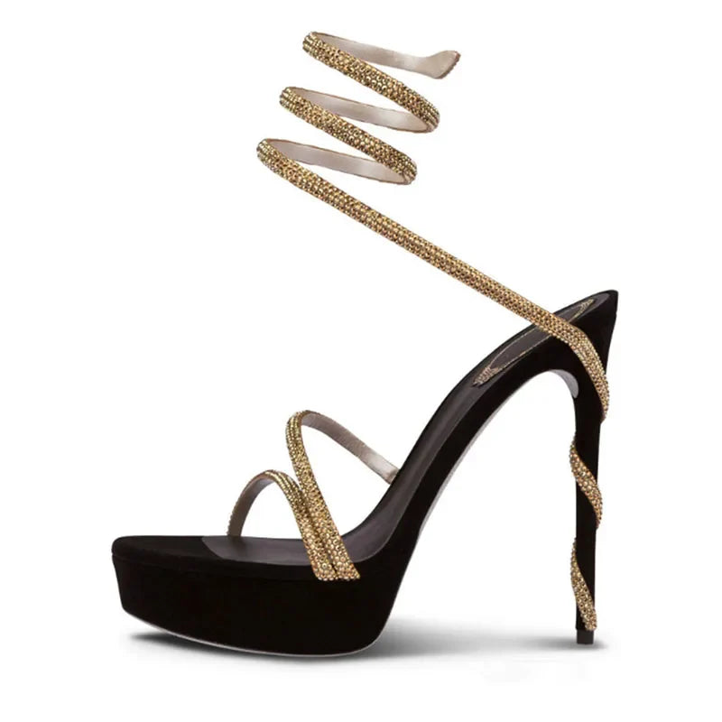 Arden Furtado Silk Round toe Platform Super high heel Serpentine rhinestone High help Sexy Party Open toe Sandals