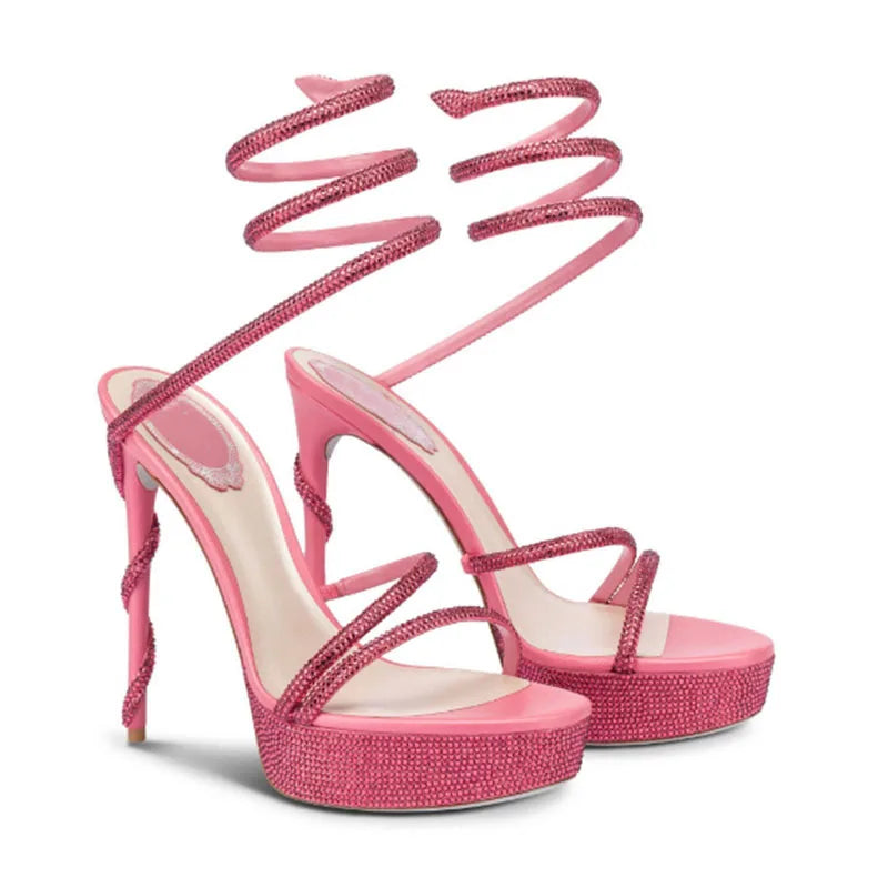 Arden Furtado Silk Round toe Platform Super high heel Serpentine rhinestone High help Sexy Party Open toe Sandals