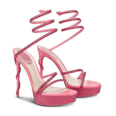 Arden Furtado Silk Round toe Platform Super high heel Serpentine rhinestone High help Sexy Party Open toe Sandals
