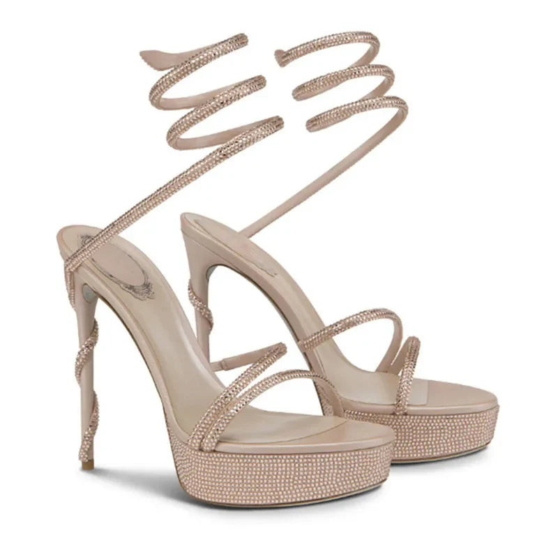 Arden Furtado Silk Round toe Platform Super high heel Serpentine rhinestone High help Sexy Party Open toe Sandals