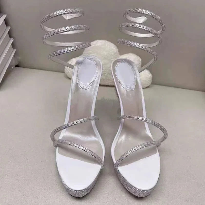 Arden Furtado Silk Round toe Platform Super high heel Serpentine rhinestone High help Sexy Party Open toe Sandals