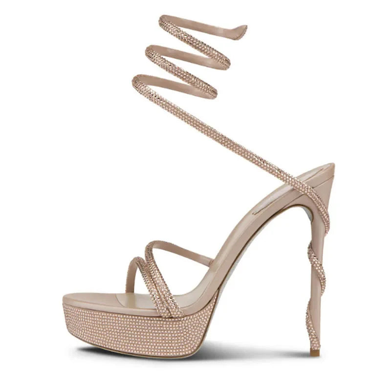 Arden Furtado Silk Round toe Platform Super high heel Serpentine rhinestone High help Sexy Party Open toe Sandals