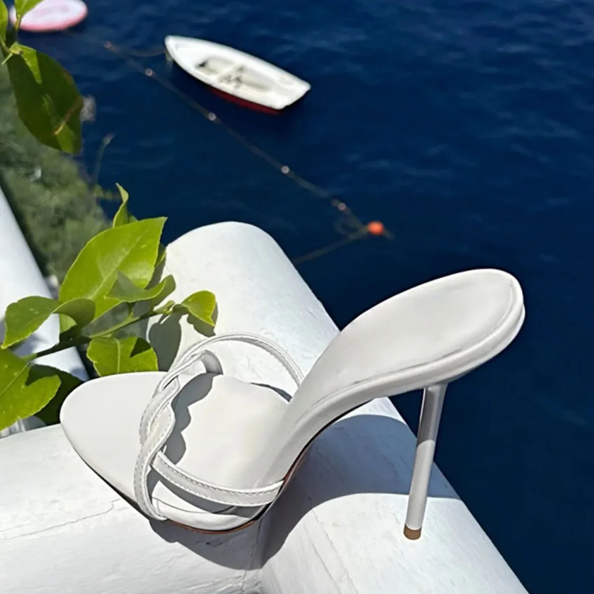 Arden Furtado Yellow Ribbon Round Toe Slip-On Thin Heel Super High Heel Sexy Word Slippers White Wedding Shoes