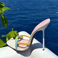 Arden Furtado Yellow Ribbon Round Toe Slip-On Thin Heel Super High Heel Sexy Word Slippers White Wedding Shoes