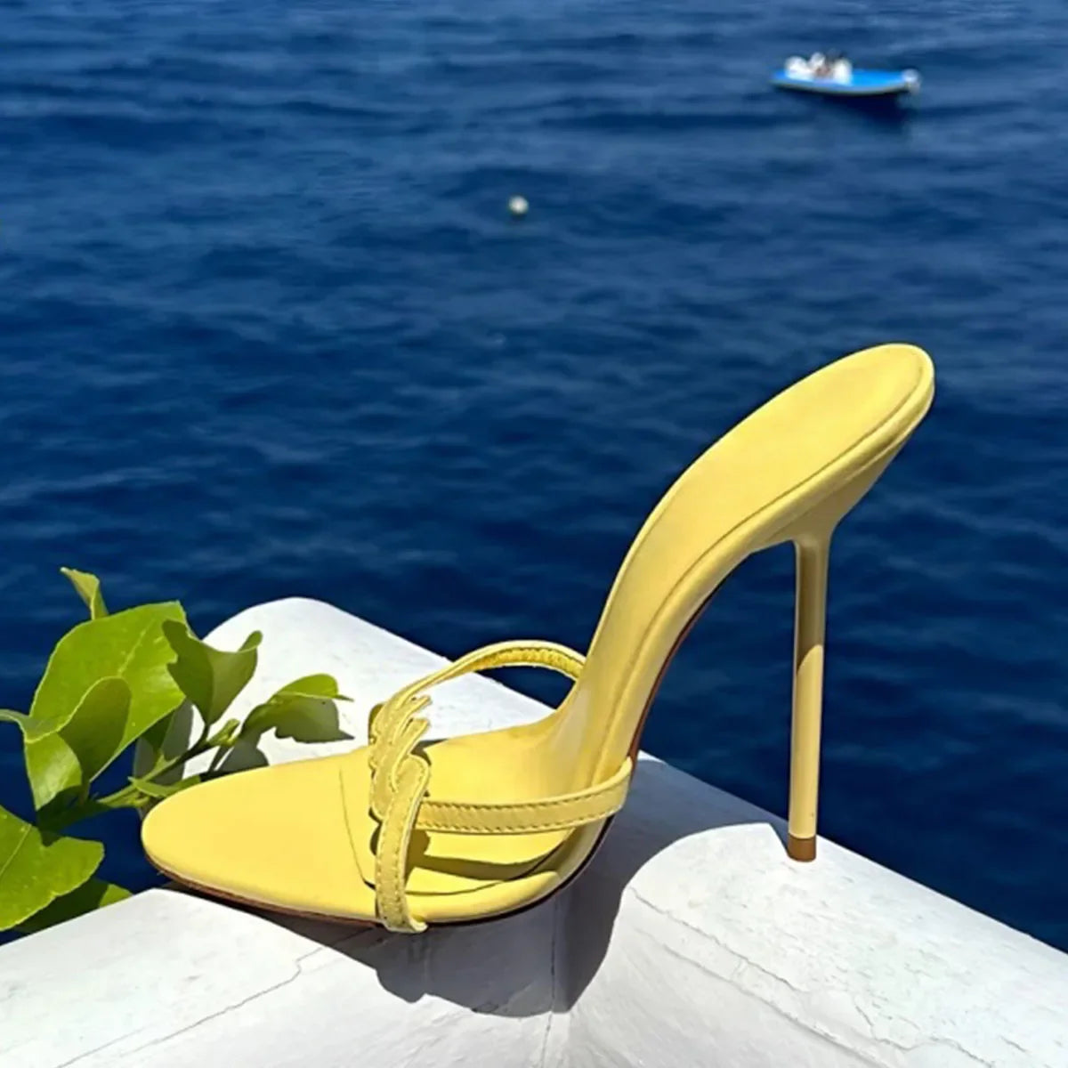 Arden Furtado Yellow Ribbon Round Toe Slip-On Thin Heel Super High Heel Sexy Word Slippers White Wedding Shoes