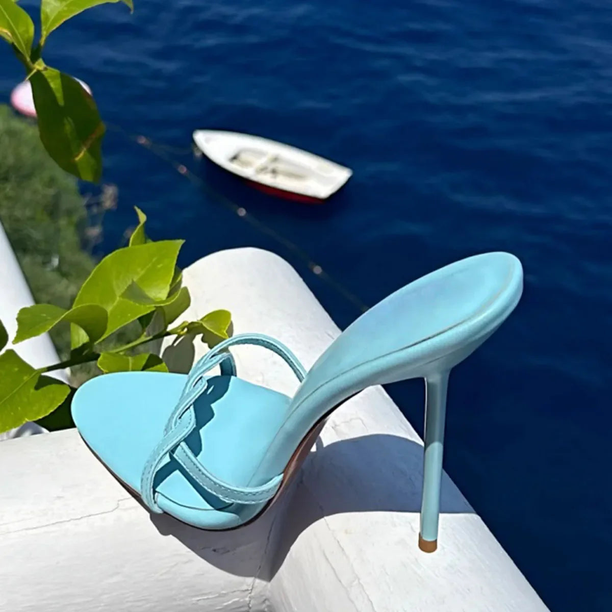 Arden Furtado Yellow Ribbon Round Toe Slip-On Thin Heel Super High Heel Sexy Word Slippers White Wedding Shoes