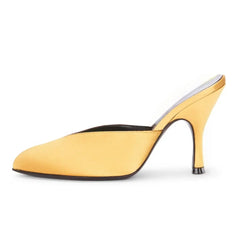 Arden Furtado Yellow Satin Stilettos heels Mules Round toe Pull-on High-heeled Dinner shoes Closed toe Slippers