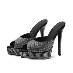 Arden Furtado black Satin Platform Slipper Crystal Peep toe Slippers Pointed Super high heel large size Dinner Mules