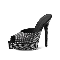 Arden Furtado black Satin Platform Slipper Crystal Peep toe Slippers Pointed Super high heel large size Dinner Mules