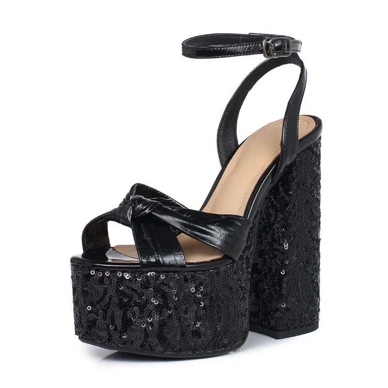 Arden Furtado black cowhide paillette platform bowknot round toe Super high heel word-cingulate sandals Banquet shoes