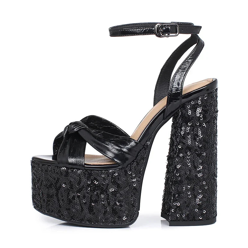 Arden Furtado black cowhide paillette platform bowknot round toe Super high heel word-cingulate sandals Banquet shoes