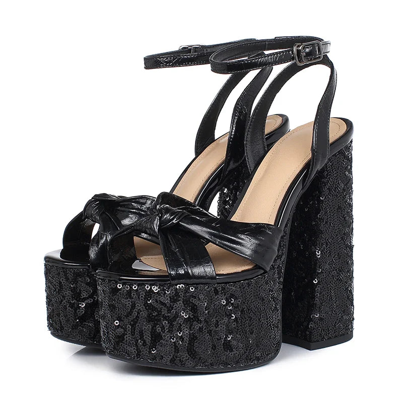 Arden Furtado black cowhide paillette platform bowknot round toe Super high heel word-cingulate sandals Banquet shoes