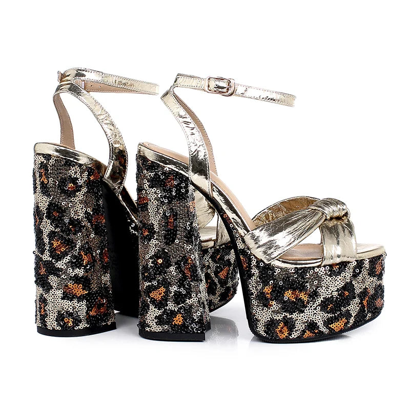 Arden Furtado black cowhide paillette platform bowknot round toe Super high heel word-cingulate sandals Banquet shoes
