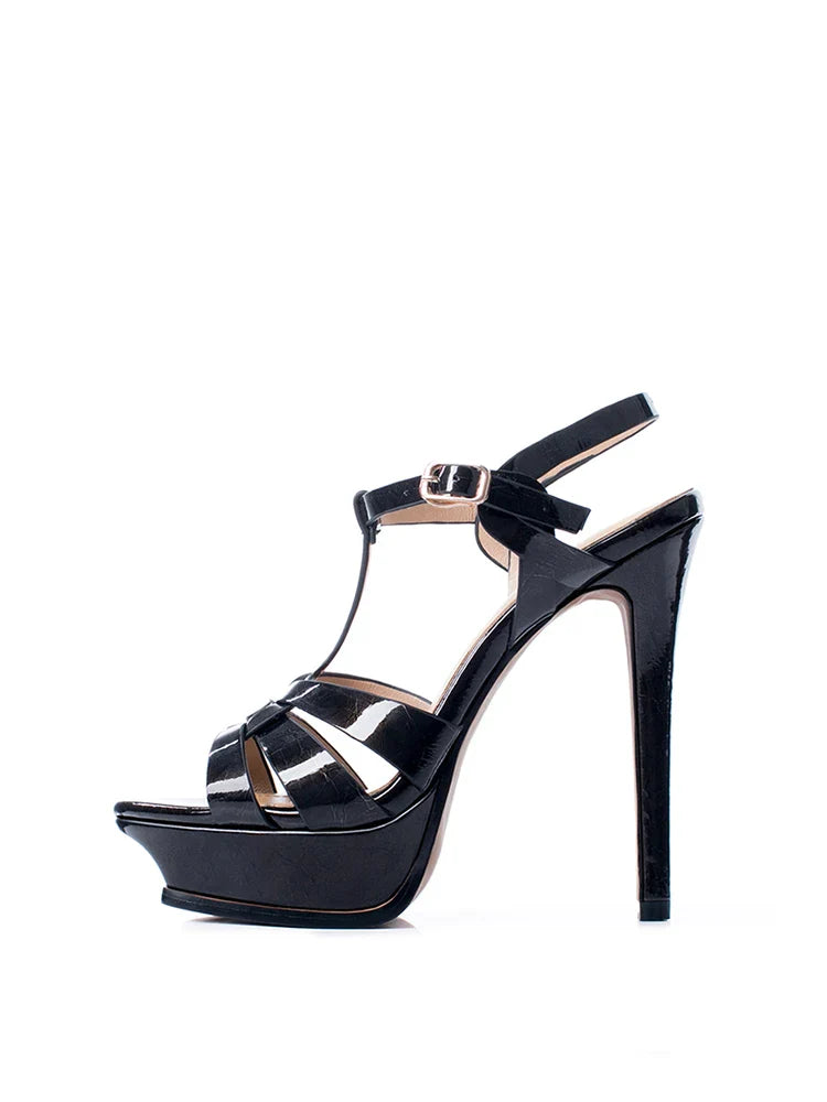 Arden Furtado cowhide Patent Leather Platform Banquet shoes round toe Super high heel T belt Roman sandals Large size