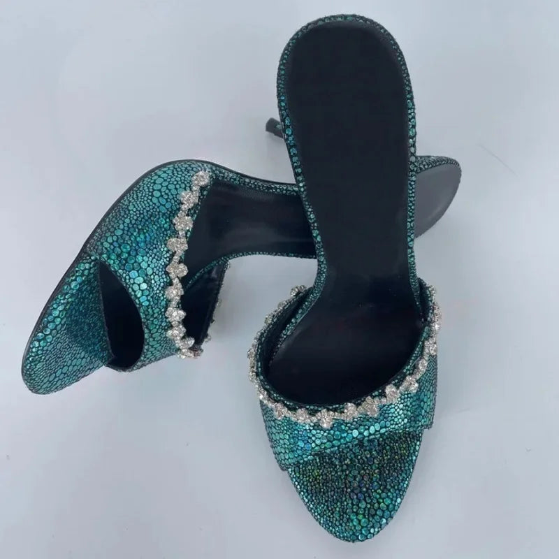 Arden Furtado paillette Peep toe Slippers Round toe pull-on Super high heel Sexy Word slippers Diamond chain Mules