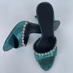 Arden Furtado paillette Peep toe Slippers Round toe pull-on Super high heel Sexy Word slippers Diamond chain Mules
