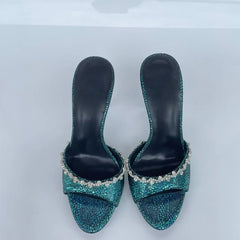 Arden Furtado paillette Peep toe Slippers Round toe pull-on Super high heel Sexy Word slippers Diamond chain Mules