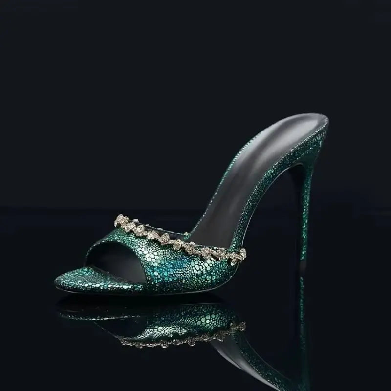Arden Furtado paillette Peep toe Slippers Round toe pull-on Super high heel Sexy Word slippers Diamond chain Mules