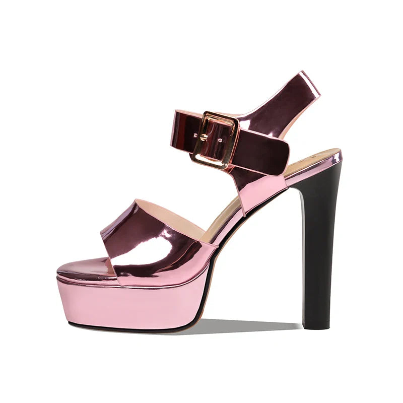 Arden Furtado patent leather platform peep toe shoe Round toe Belt buckle Super high heel One word buckle Sandals
