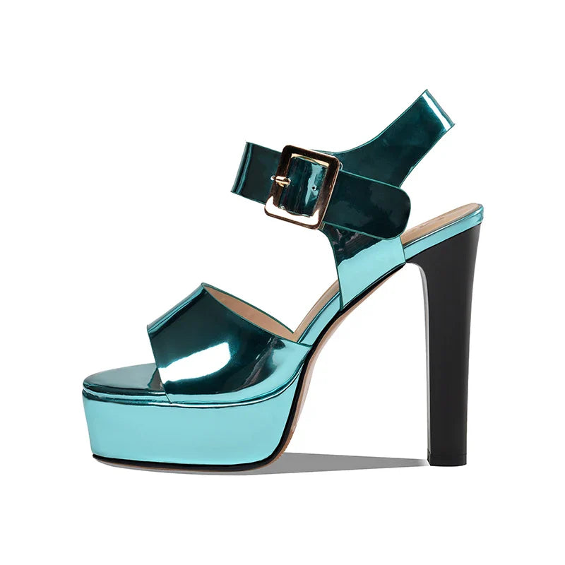 Arden Furtado patent leather platform peep toe shoe Round toe Belt buckle Super high heel One word buckle Sandals