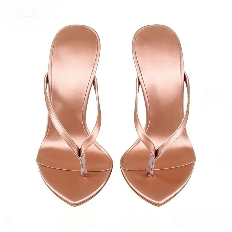 Arden Furtado pink silk Pinch toe Slippers Pointed toe pull-on Super high heel flip-flop Large size Mules