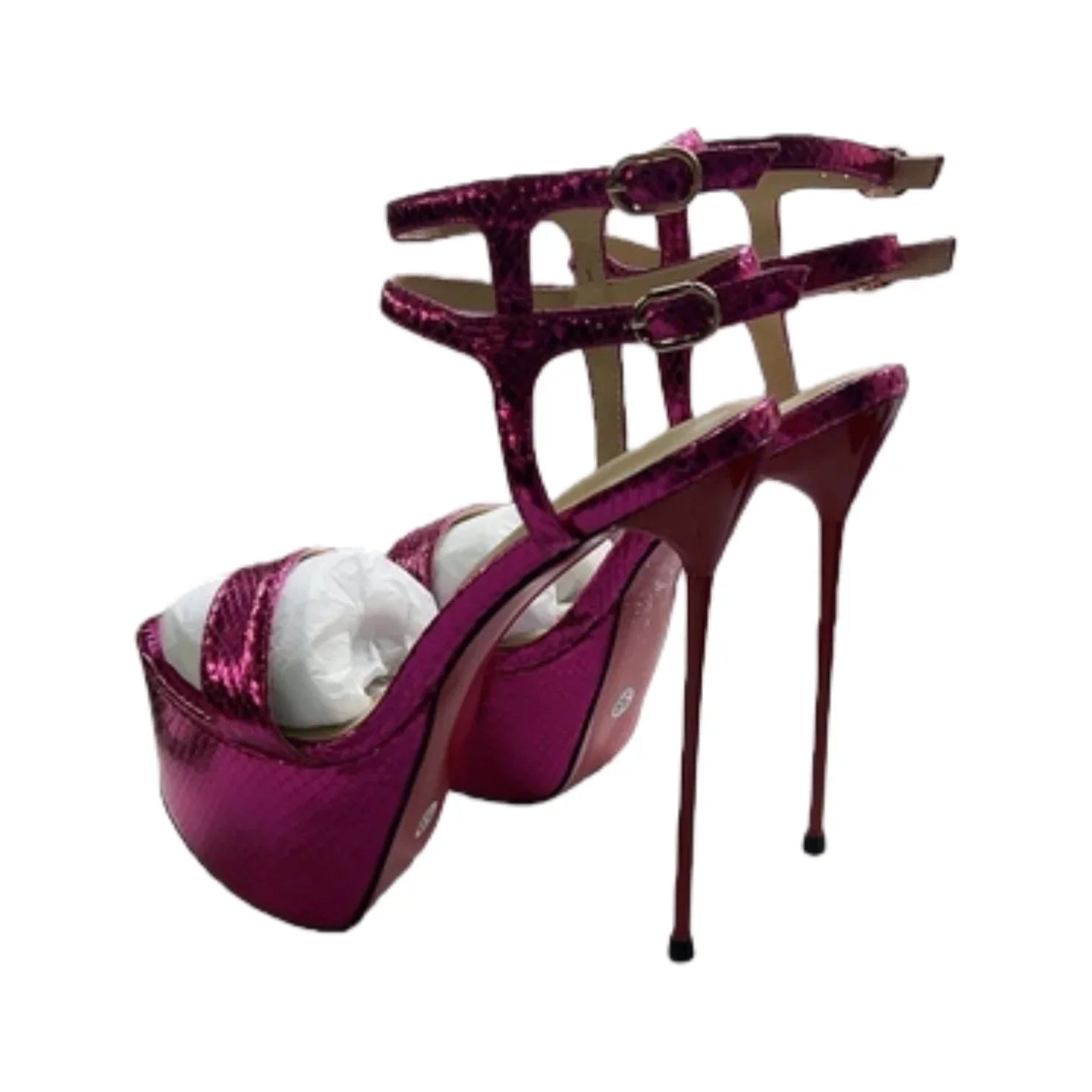 Arden Furtado purple Metal embossed leather Platform Banquet shoes round toe Super high heel Belt buckle Roman sandals