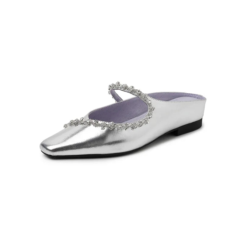 Arden Furtado sheepskin Increased Internal Slippers Square toe Pull-on Middle heel Crystal Mules word-cingulate slippers