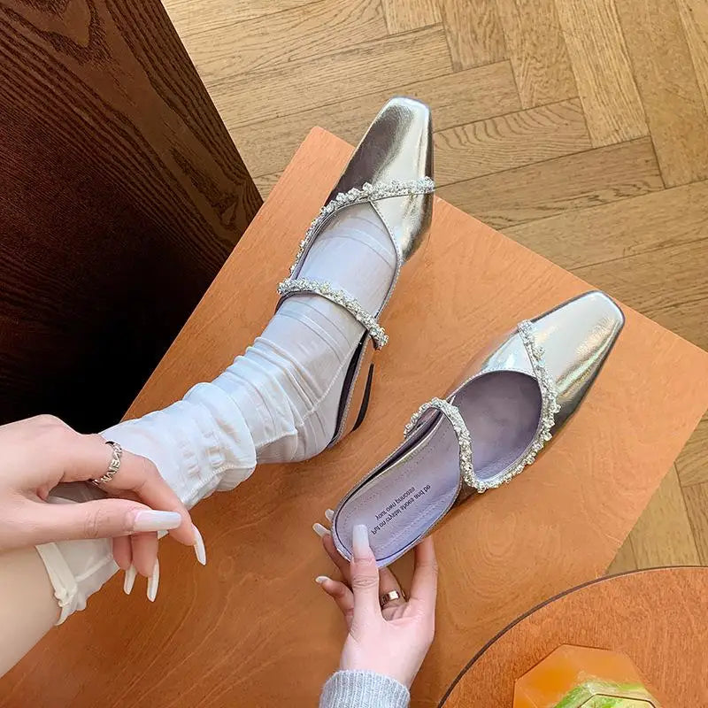 Arden Furtado sheepskin Increased Internal Slippers Square toe Pull-on Middle heel Crystal Mules word-cingulate slippers