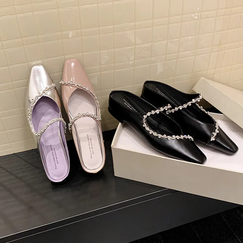 Arden Furtado sheepskin Increased Internal Slippers Square toe Pull-on Middle heel Crystal Mules word-cingulate slippers