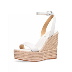Arden Furtado straw weaving wedge Sandals Round toe platform Belt buckle Super high heel cowhide word-cingulate Sandals